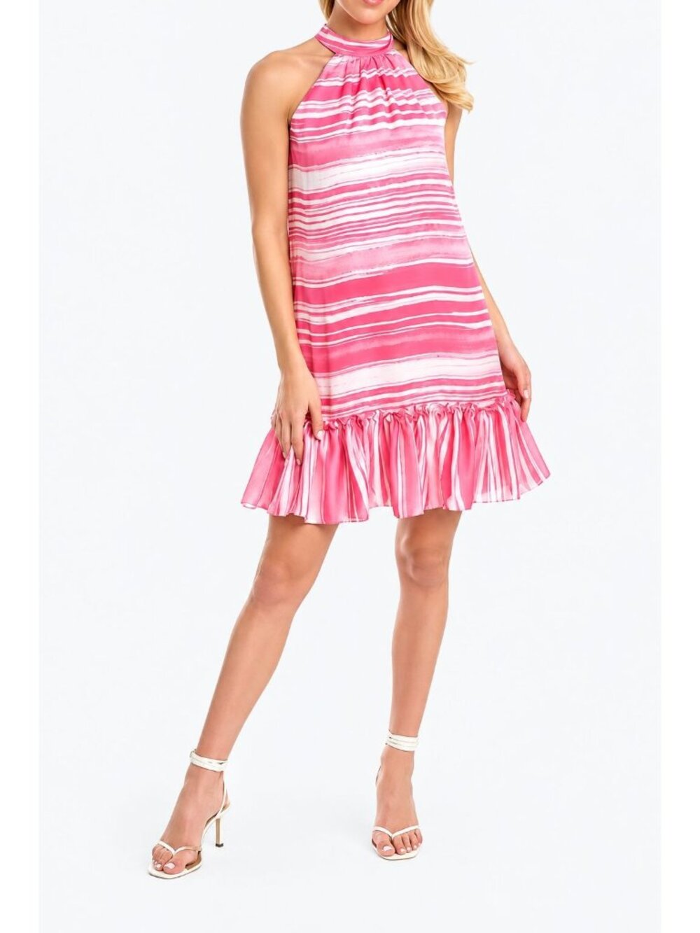 Trina Turk Womens Pink & White Striped Halter Shift Dress With Ruffle Hem Large